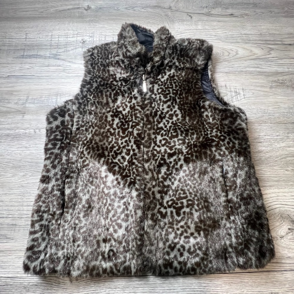Guess Reversible Vest Womens M Brown Leopard Faux Fur Black Satin Zip Up AF47